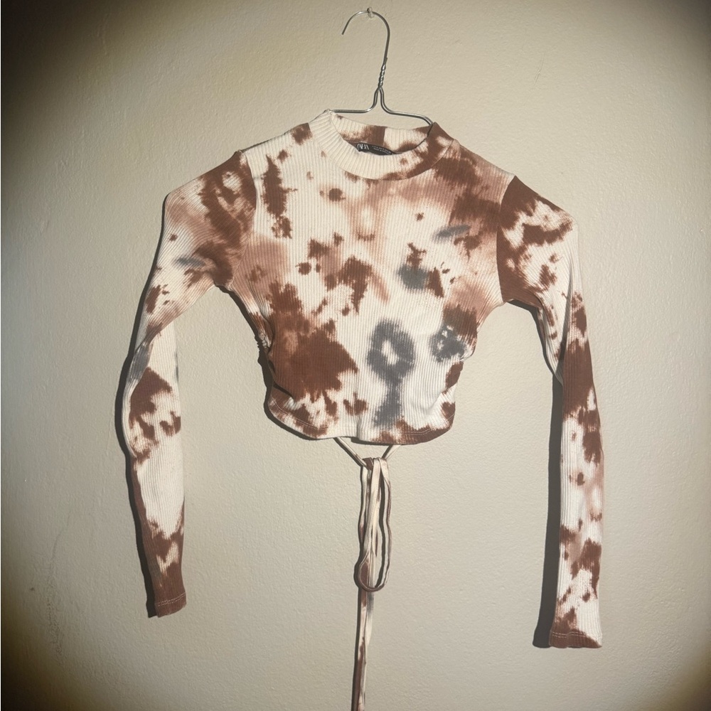 Zara Brown and White Tie Front Crop Top